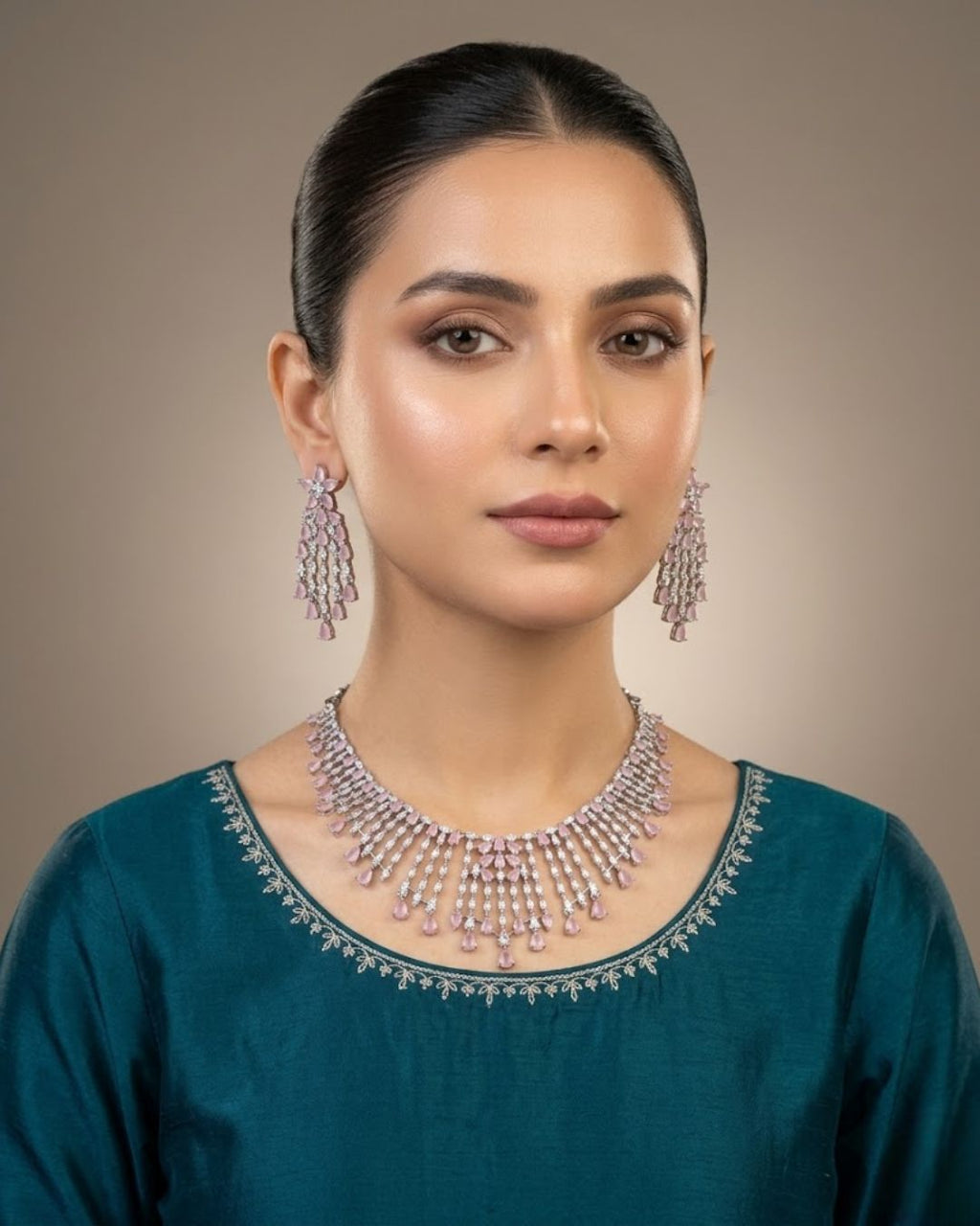 Silver Zircon Fringe Necklace & Earrings Set (4 Colors)