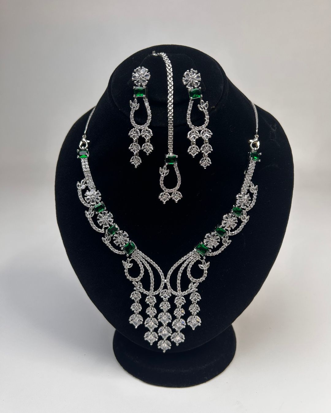 Silver Zircon Partywear Necklace, Earrings & Tikka Set