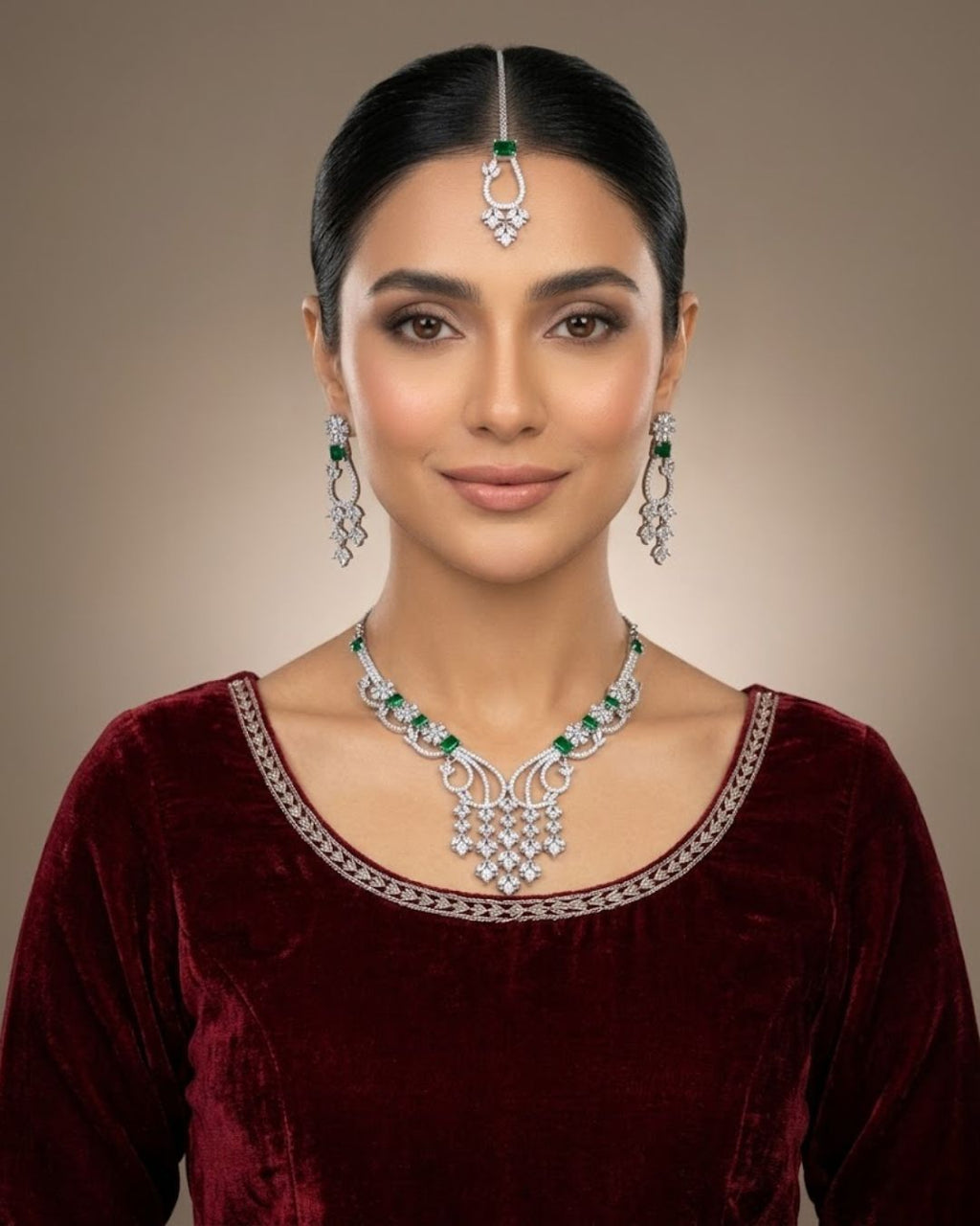 Silver Zircon Partywear Necklace, Earrings & Tikka Set