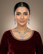Silver Zircon Partywear Necklace, Earrings & Tikka Set