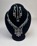 Silver Zircon Partywear Necklace, Earrings & Tikka Set