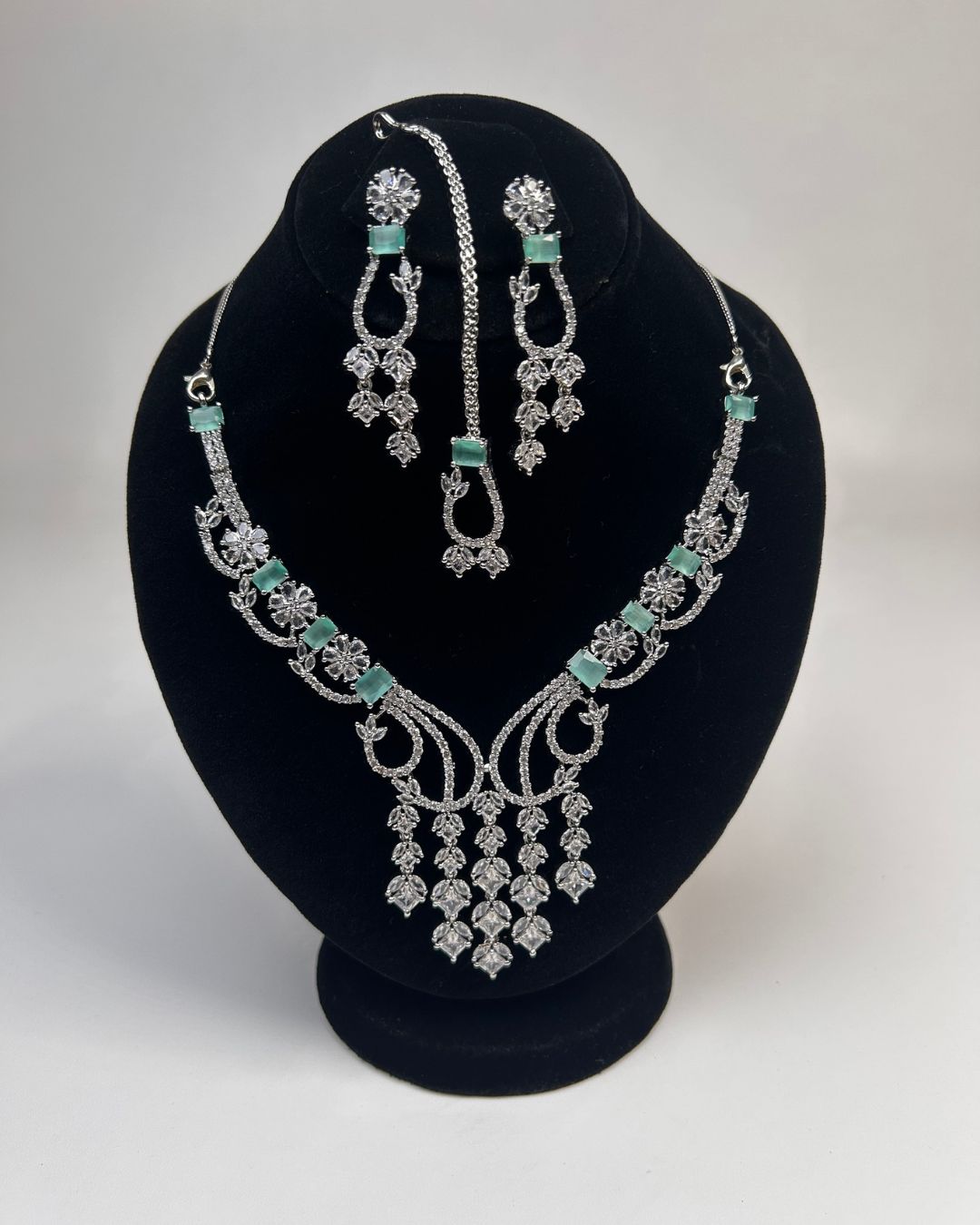 Silver Zircon Partywear Necklace, Earrings & Tikka Set