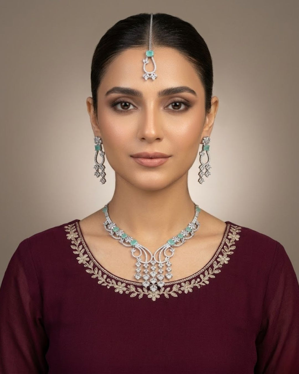 Silver Zircon Partywear Necklace, Earrings & Tikka Set