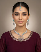 Silver Zircon Partywear Necklace, Earrings & Tikka Set