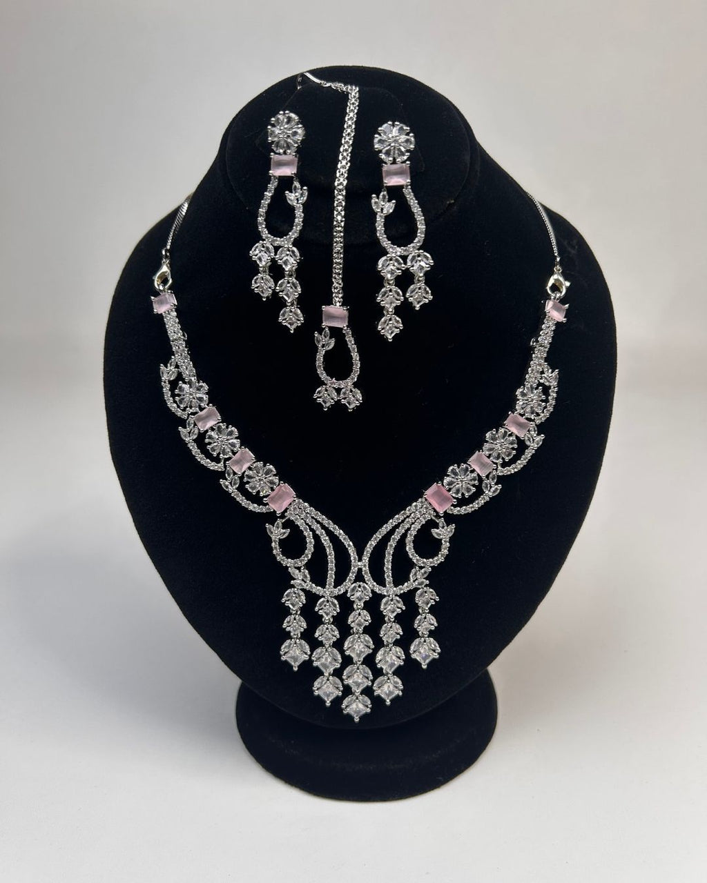 Silver Zircon Partywear Necklace, Earrings & Tikka Set