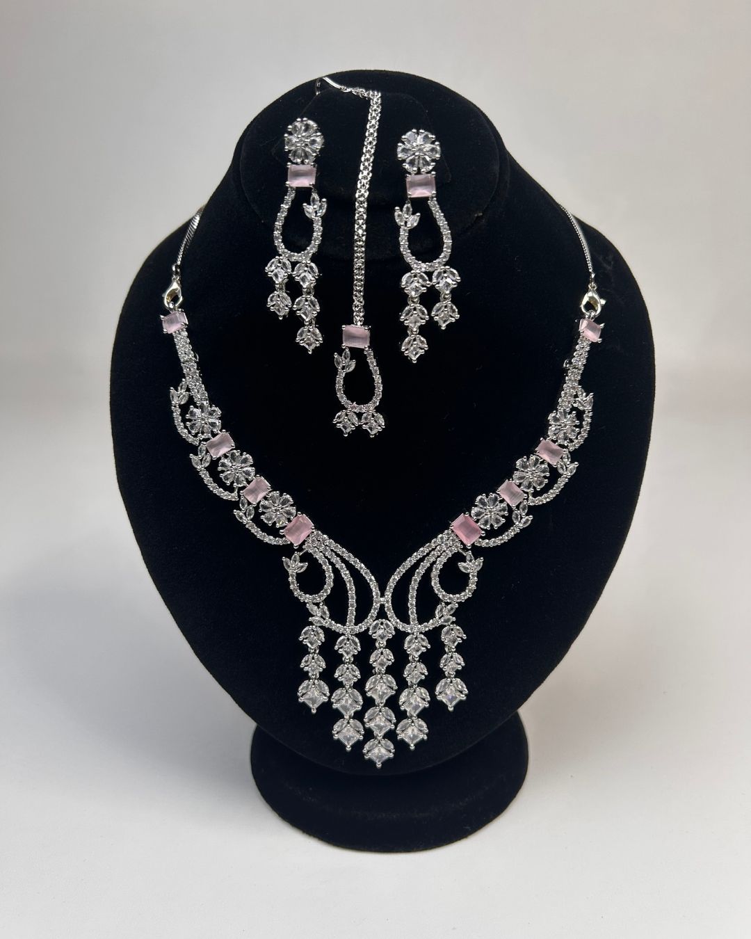 Silver Zircon Partywear Necklace, Earrings & Tikka Set