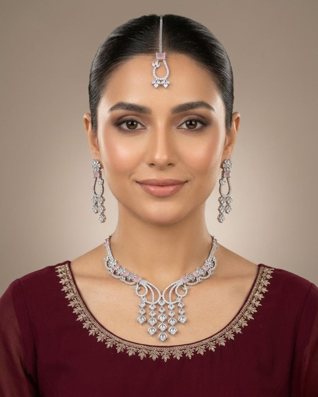 Silver Zircon Partywear Necklace, Earrings & Tikka Set