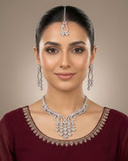 Silver Zircon Partywear Necklace, Earrings & Tikka Set