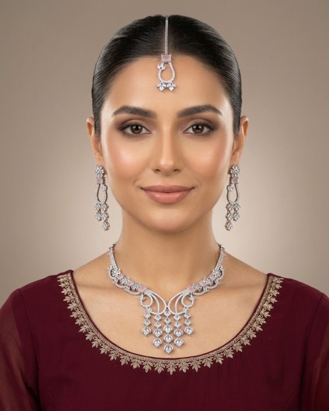 Silver Zircon Partywear Necklace, Earrings & Tikka Set