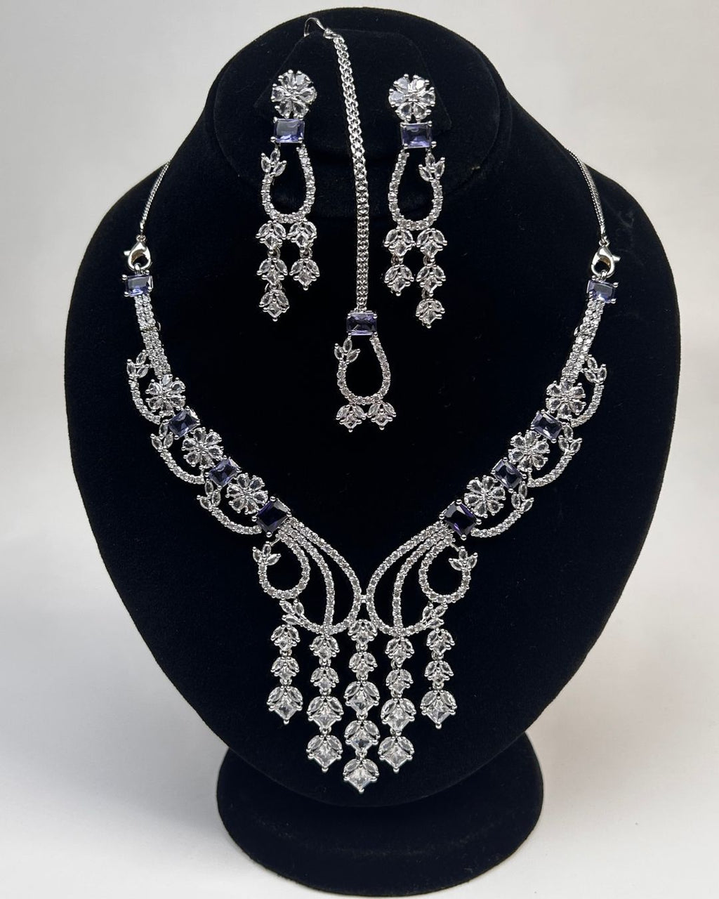 Silver Zircon Partywear Necklace, Earrings & Tikka Set