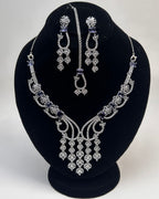Silver Zircon Partywear Necklace, Earrings & Tikka Set