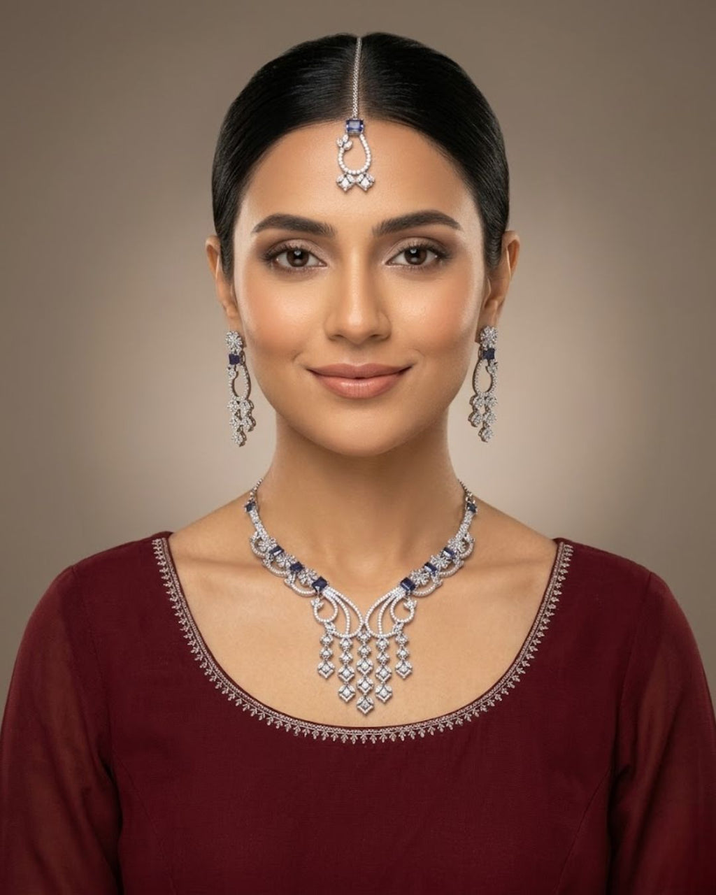 Silver Zircon Partywear Necklace, Earrings & Tikka Set