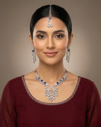 Silver Zircon Partywear Necklace, Earrings & Tikka Set