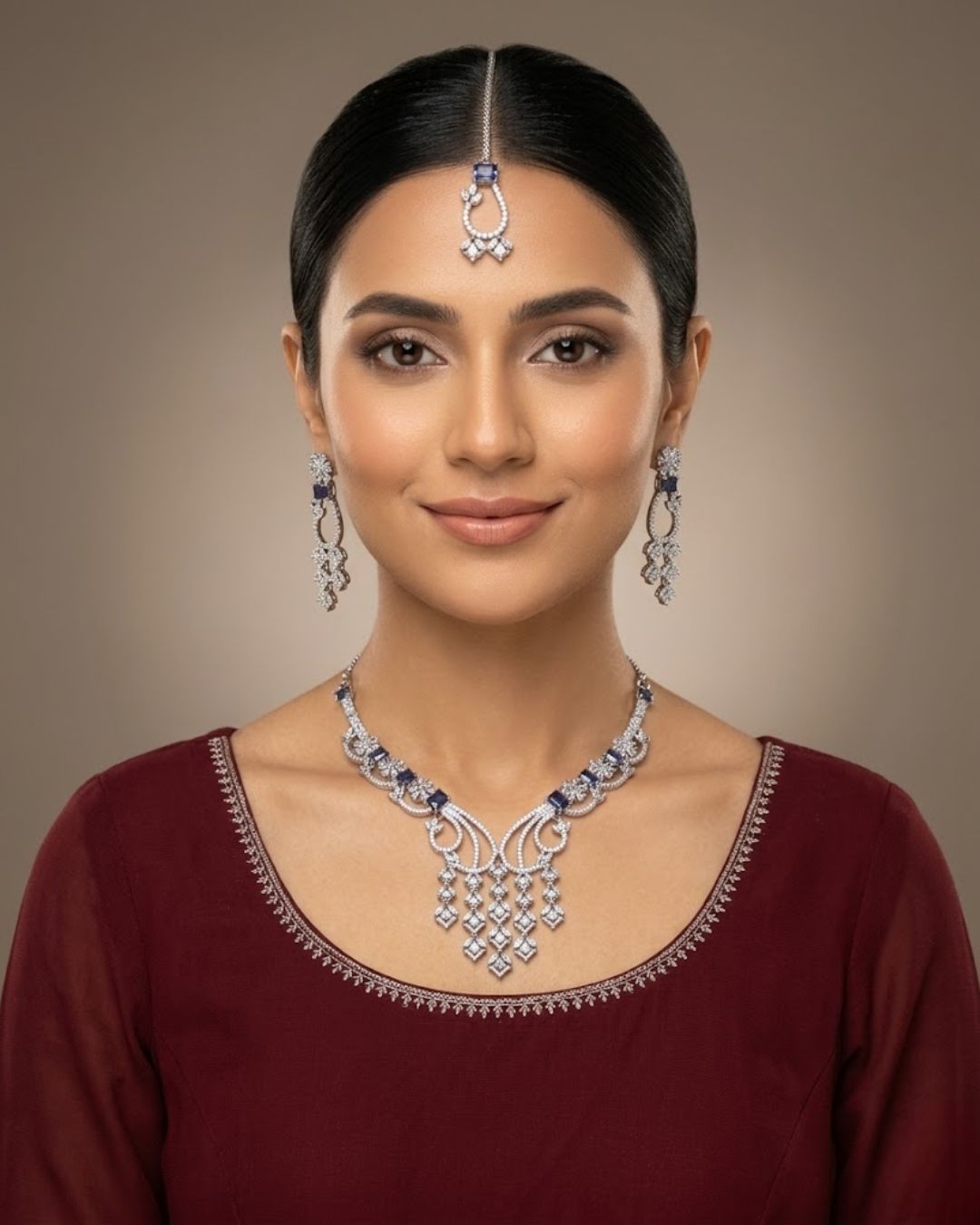 Silver Zircon Partywear Necklace, Earrings & Tikka Set