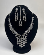 Silver Zircon Partywear Necklace, Earrings & Tikka Set