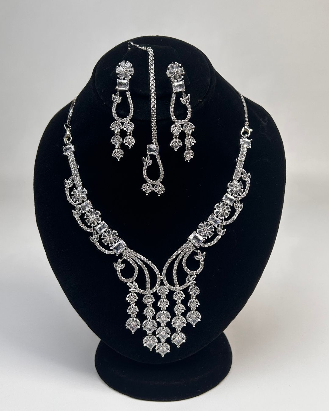 Silver Zircon Partywear Necklace, Earrings & Tikka Set