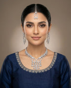 Silver Zircon Partywear Necklace, Earrings & Tikka Set