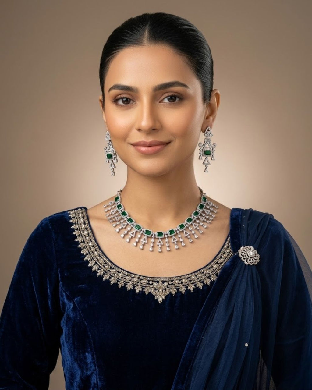 Zircon Tassel Necklace Set With Earrings & Tikka