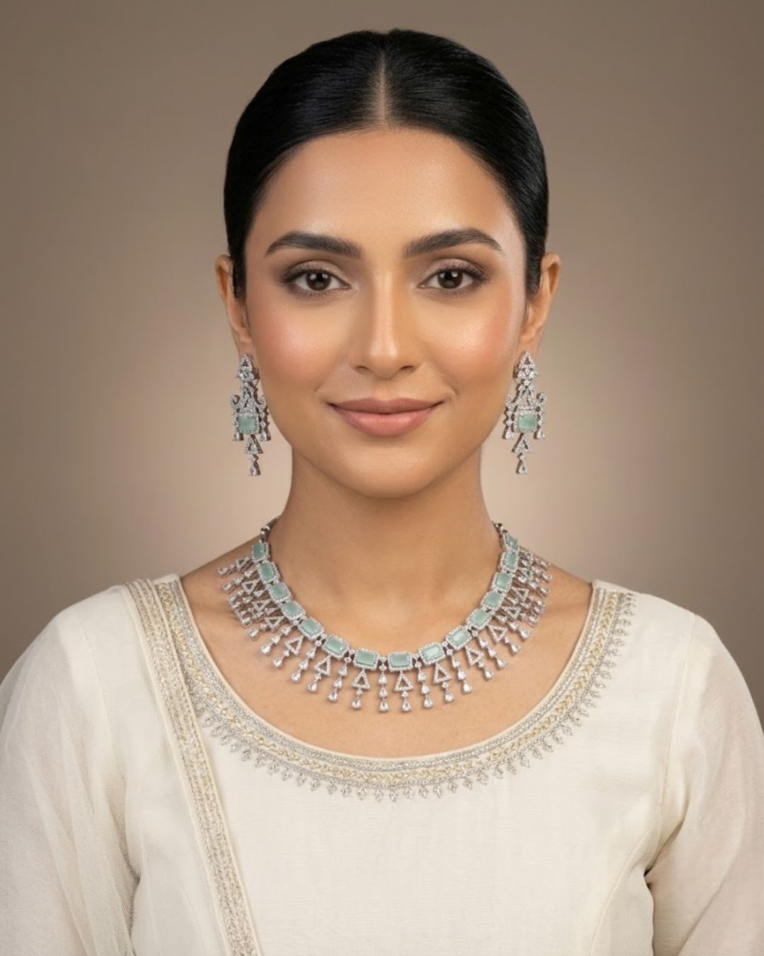 Zircon Tassel Necklace Set With Earrings & Tikka