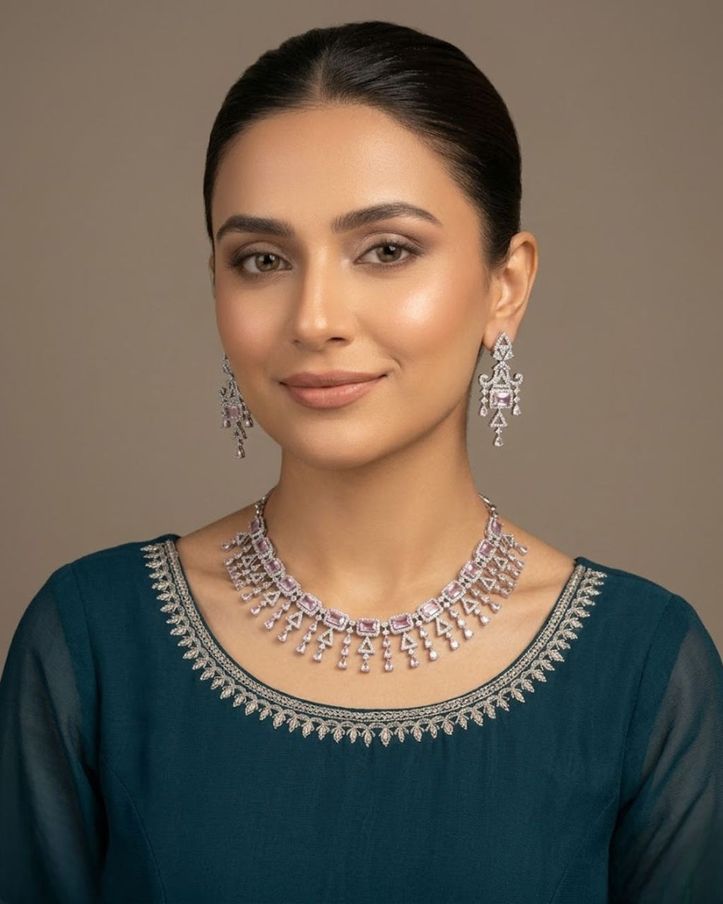 Zircon Tassel Necklace Set With Earrings & Tikka