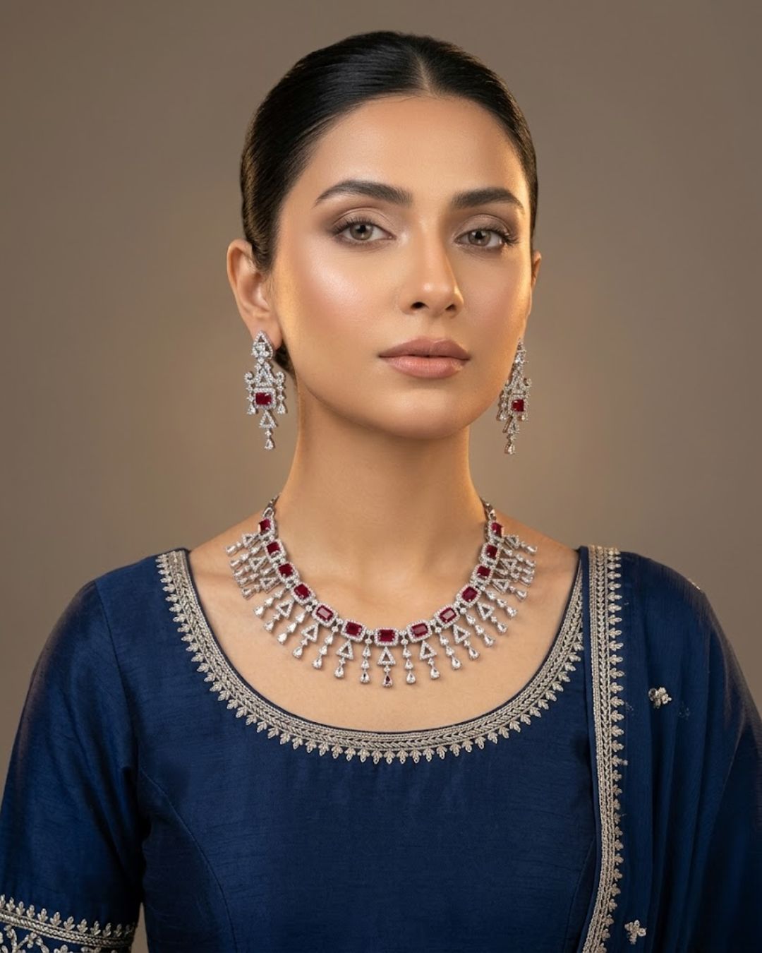 Zircon Tassel Necklace Set With Earrings & Tikka