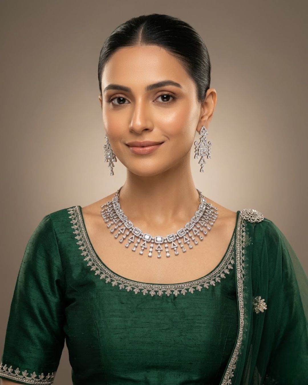 Zircon Tassel Necklace Set With Earrings & Tikka