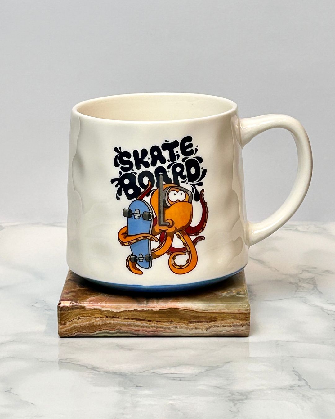 Printed Ceramic Coffee Mug with Illustrated Design – White