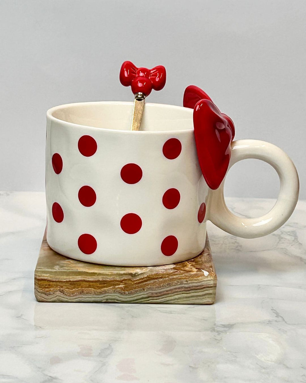 Polka Dot Ceramic Coffee Mug with Spoon – 350ml