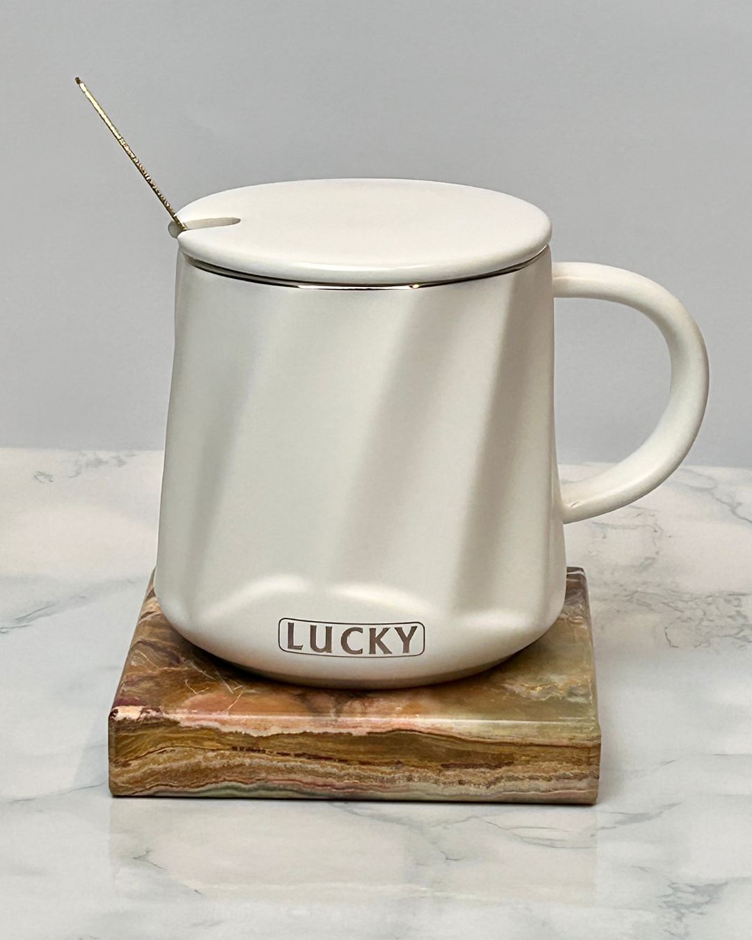 Minimal Text Ceramic Mug with Lid and Spoon – 350ml