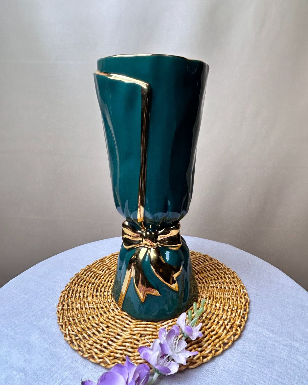 Bow Accent Ceramic Decorative Vase with Metallic Detailing