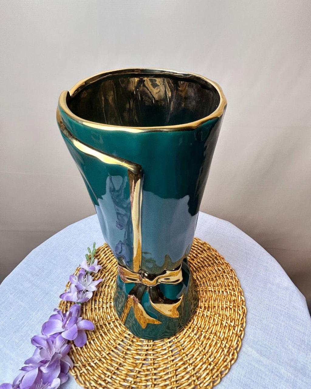 Bow Accent Ceramic Decorative Vase with Metallic Detailing