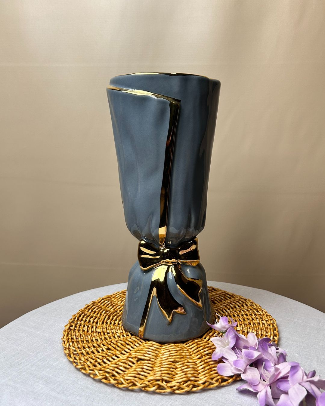 Bow Accent Ceramic Decorative Vase with Metallic Detailing