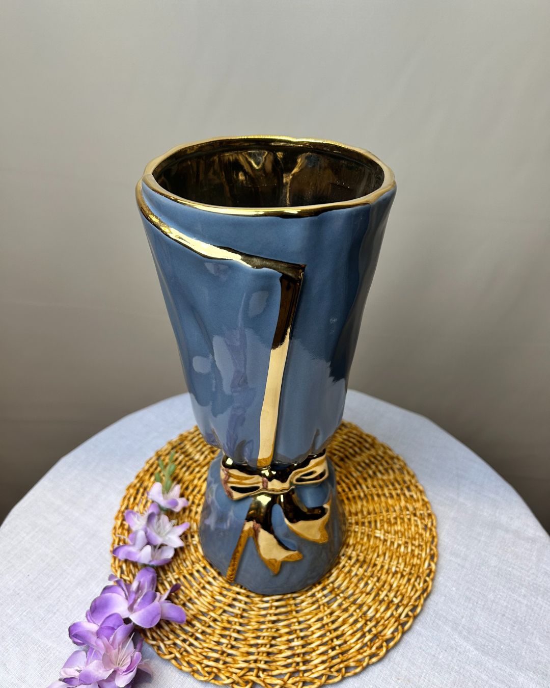 Bow Accent Ceramic Decorative Vase with Metallic Detailing