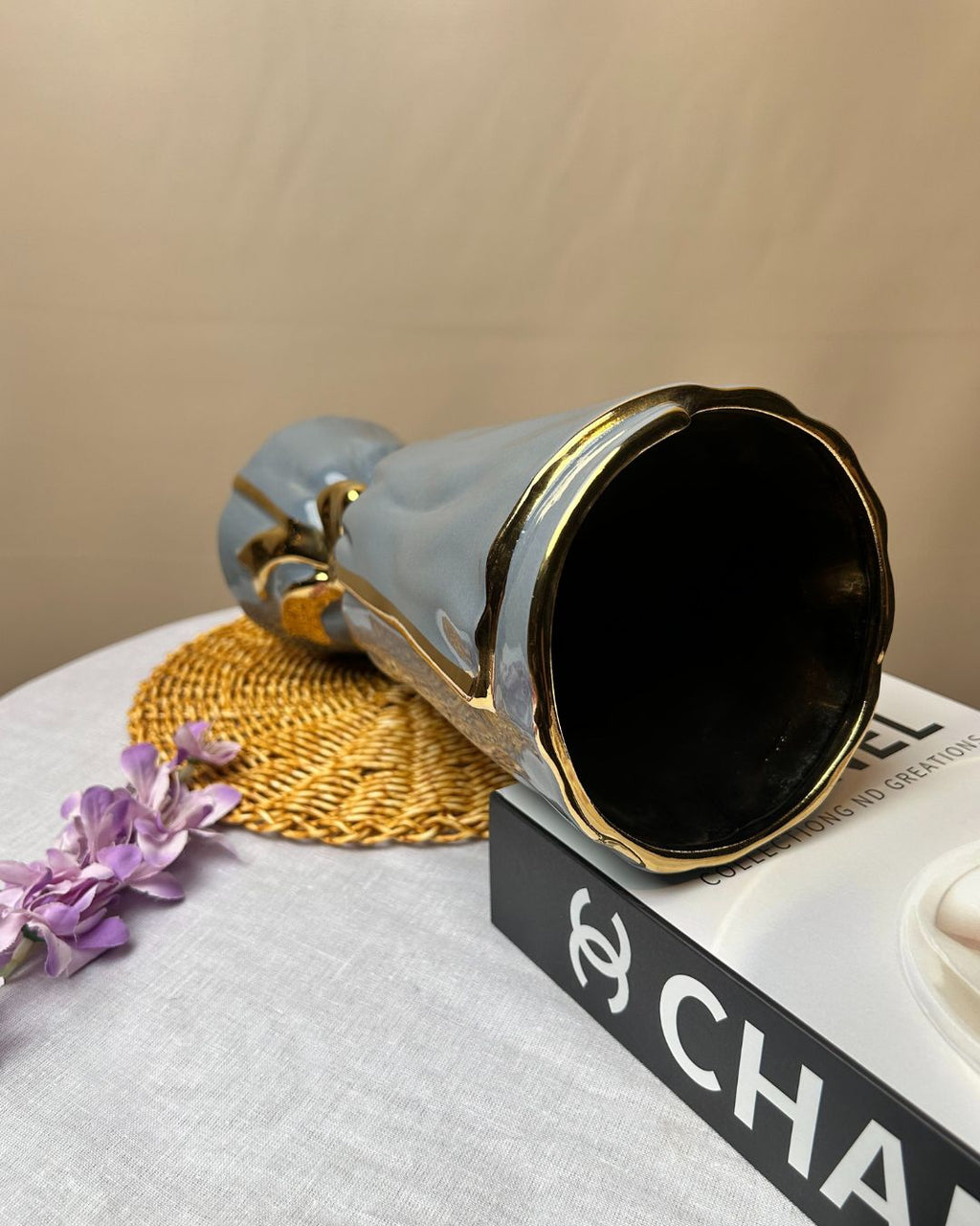 Bow Accent Ceramic Decorative Vase with Metallic Detailing