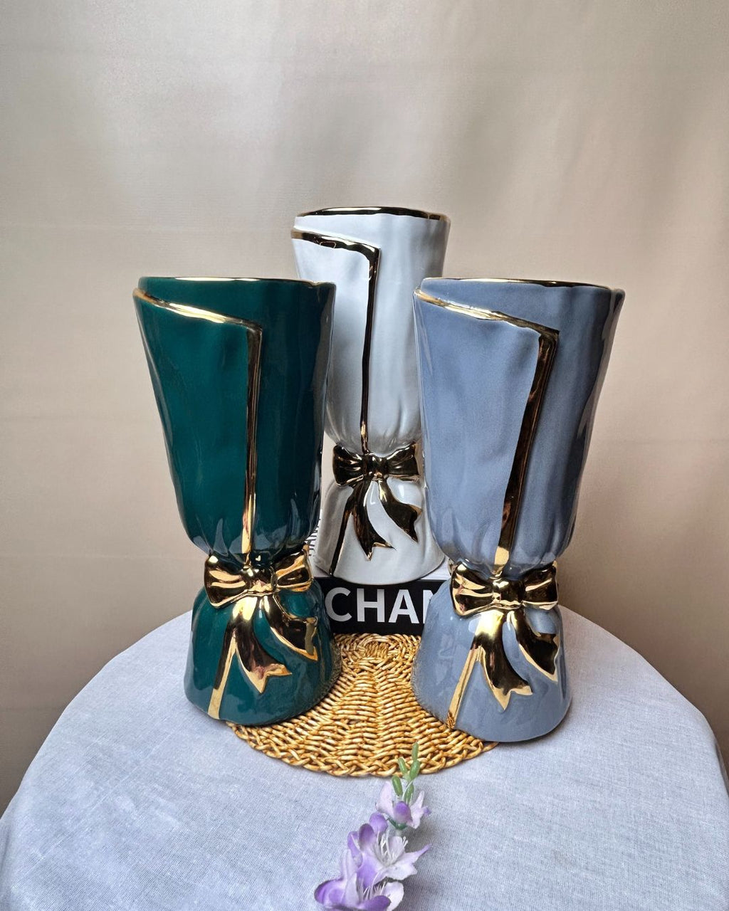 Bow Accent Ceramic Decorative Vase with Metallic Detailing