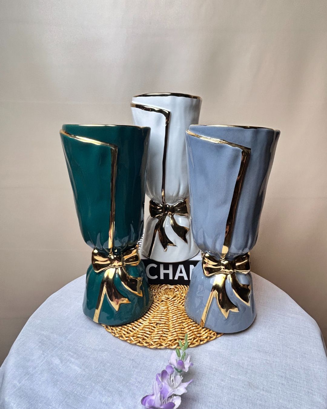 Bow Accent Ceramic Decorative Vase with Metallic Detailing