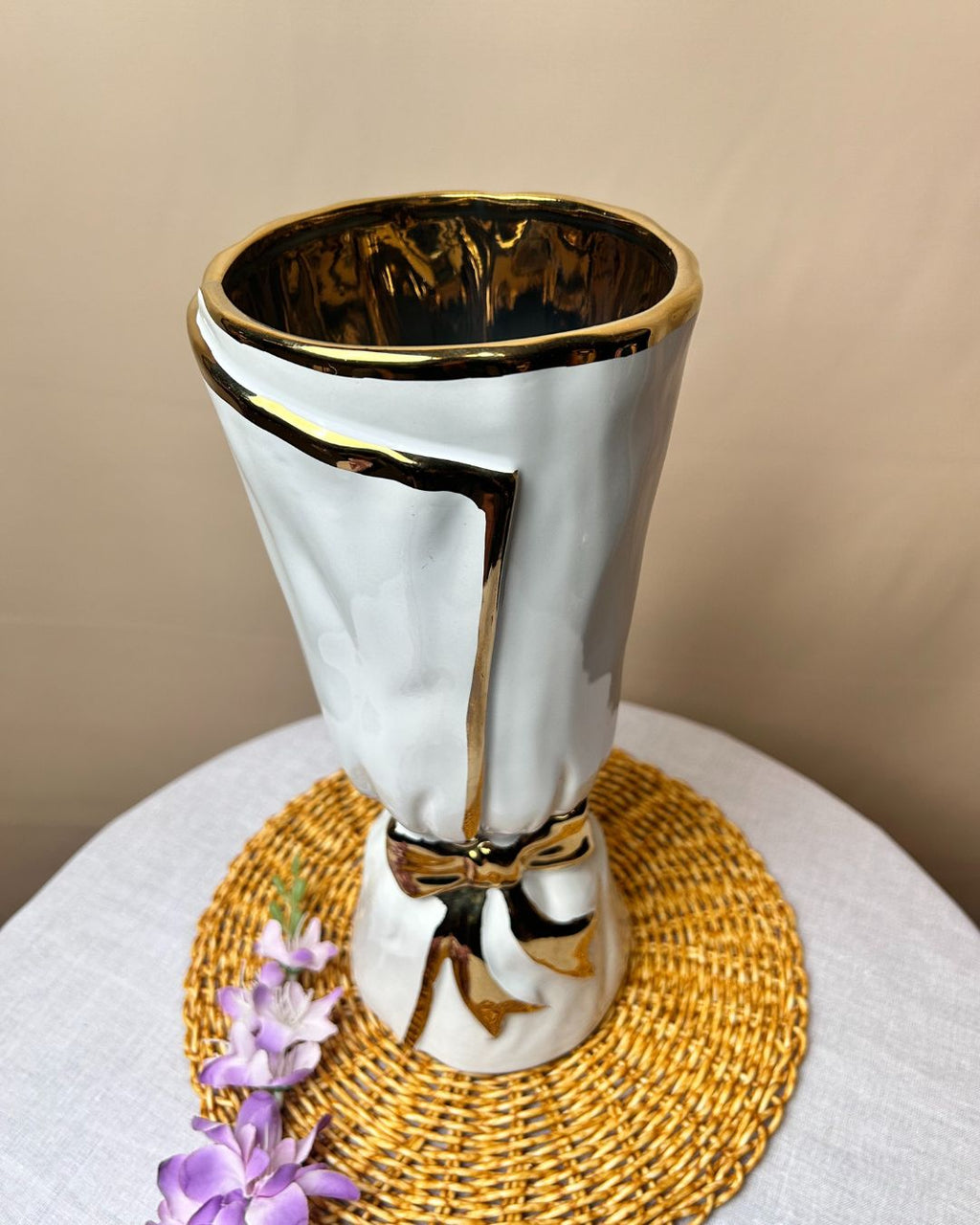 Bow Accent Ceramic Decorative Vase with Metallic Detailing