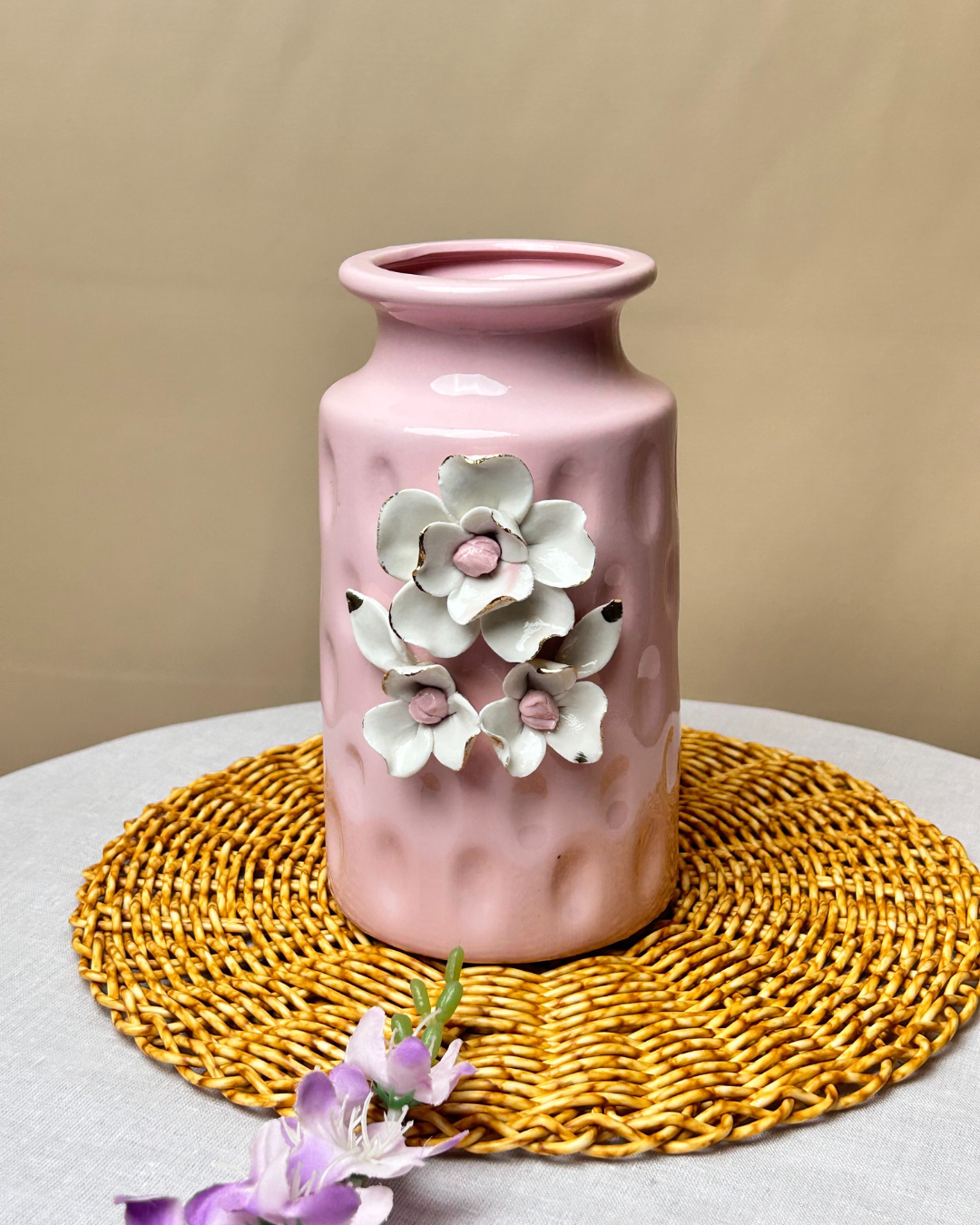 Gloss Ceramic Decorative Vase with Floral Embossed Detail – Blush Pink