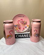 Flamingo Floral Ceramic Decorative Vase with Tassel – Pink & Firozi