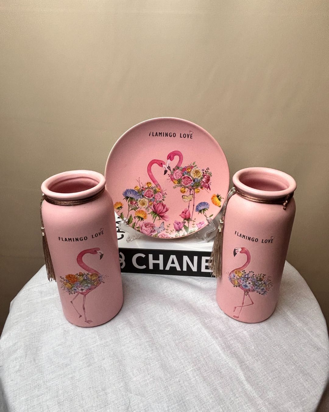 Flamingo Floral Ceramic Decorative Vase with Tassel – Pink & Firozi