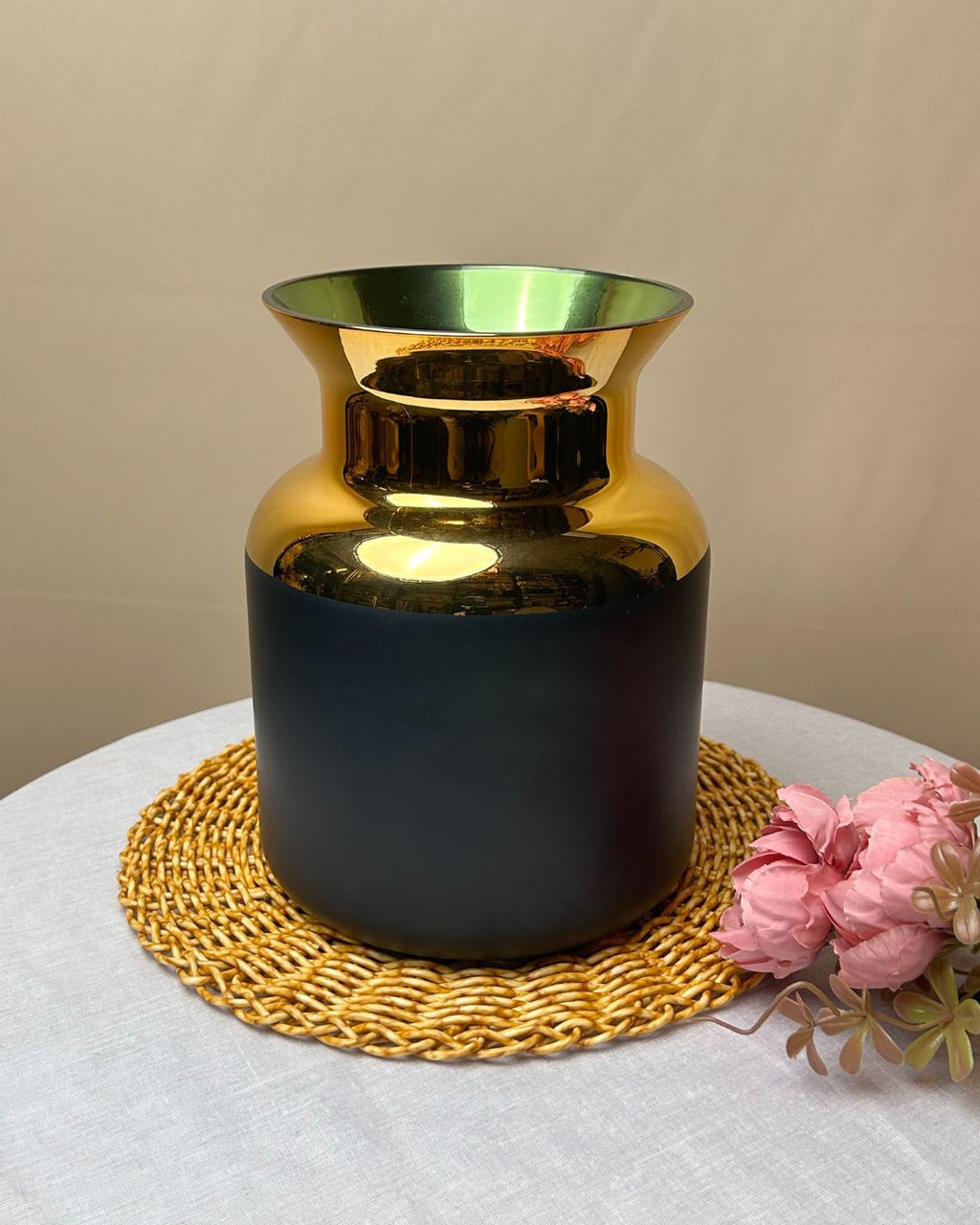 Gloss Finish Decorative Glass Vase with Gold Rim – Black