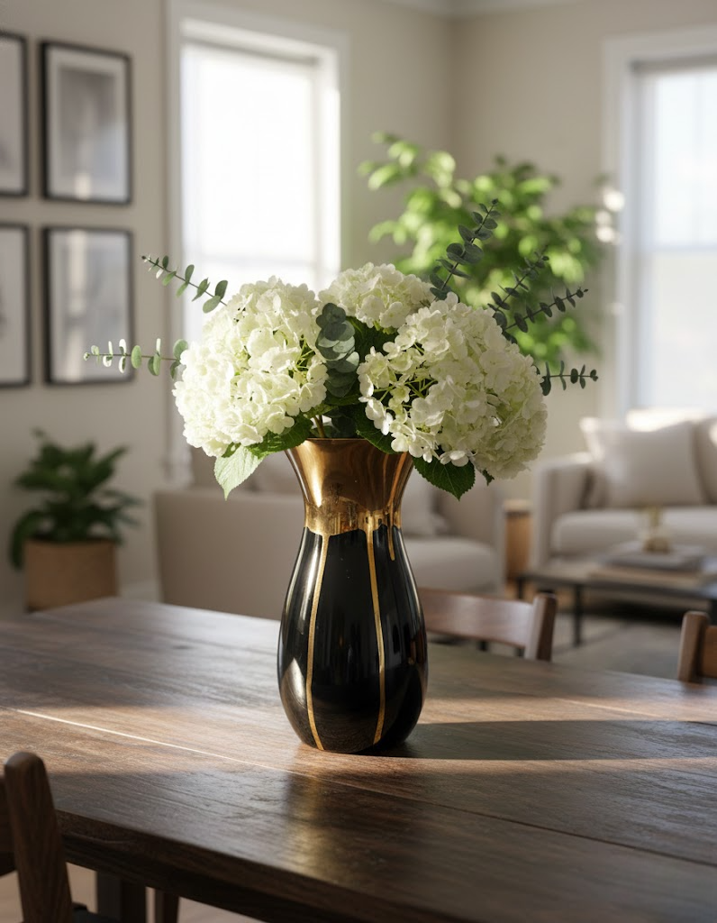 Gloss Finish Decorative Ceramic Vase with Metallic Accents