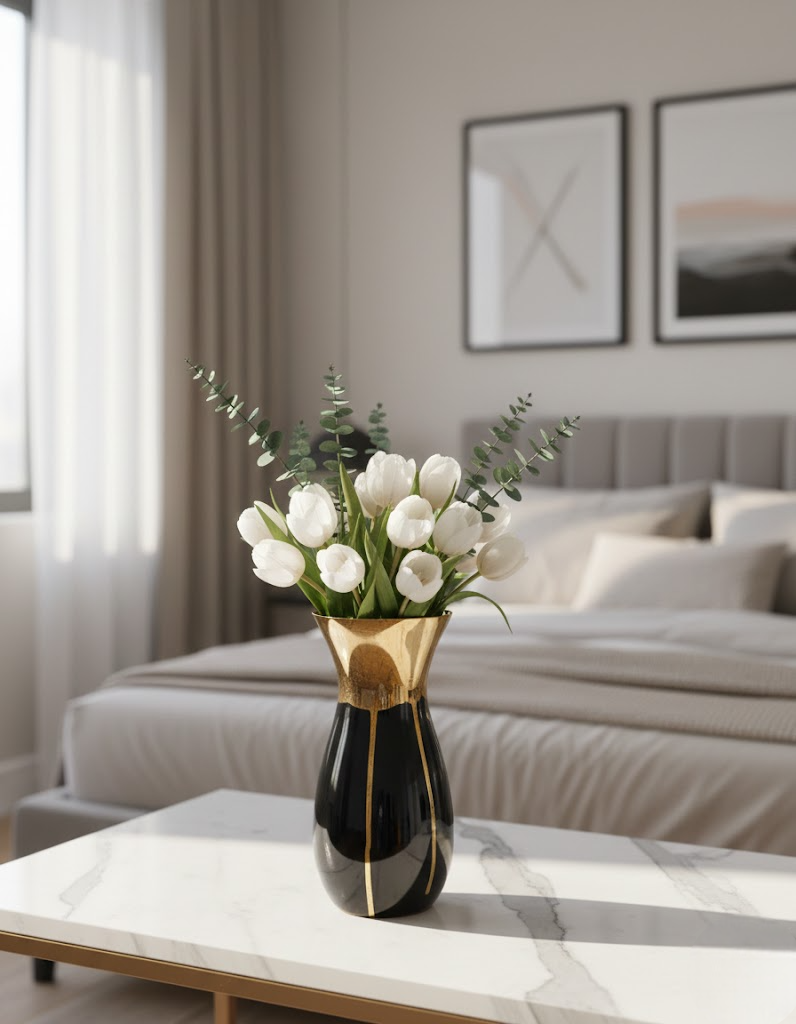 Gloss Finish Decorative Ceramic Vase with Metallic Accents