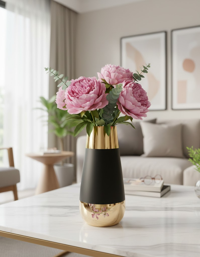 Gloss Finish Decorative Ceramic Vase with Metallic Accents