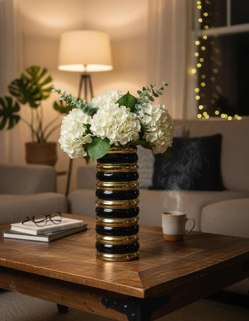 Gloss Finish Ribbed Ceramic Vase with Metallic Accents