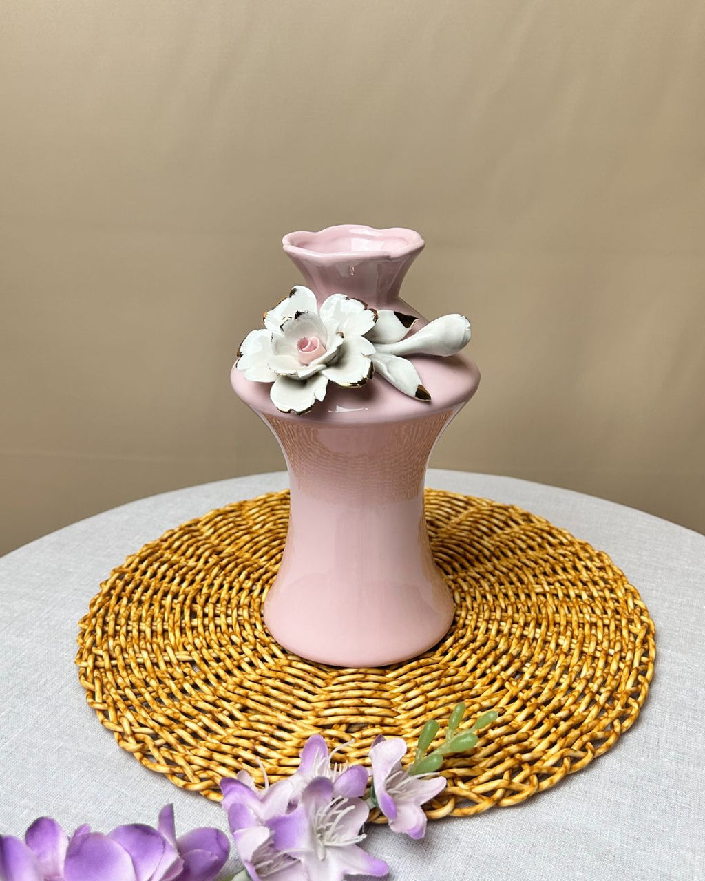 Ceramic Floral Decorative Vase with Gloss Finish – Pink Firozi & White